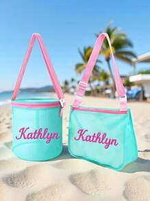 Personalized Mesh Beach Bag Set – Custom Name Seashell Bags For Kids,Bucket & Shoulder Style Summer Pool Tote Combo
