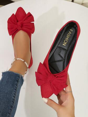 2025 New Women's Flat Casual Shoes, Pointed Toe With Rubber Sole, Bowknot Decor, Black, Versatile For Work