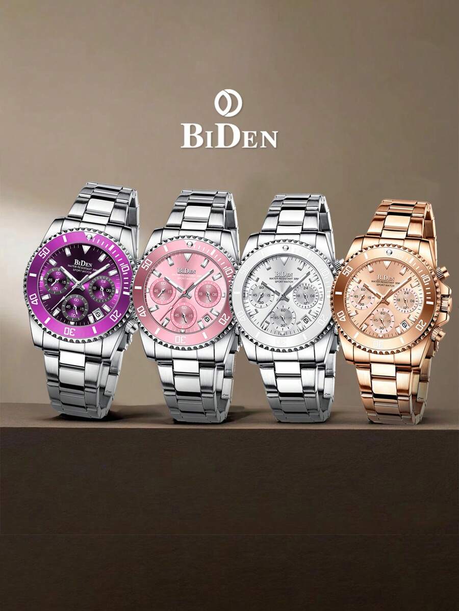 BIDEN 女士优雅玫瑰金石英腕表，时尚多功能计时码表，防水合金表壳和钢表带，适合休闲或正式场合佩戴。