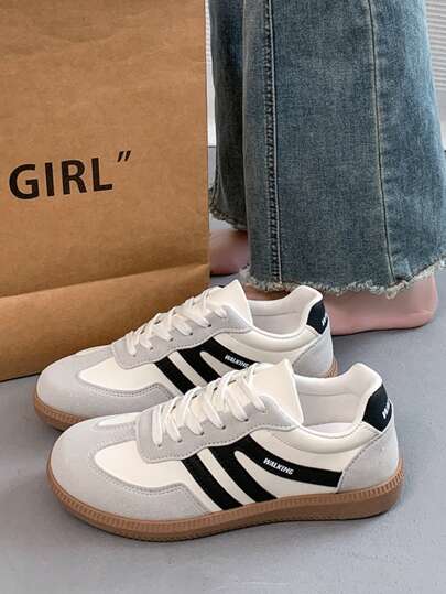 Multi-Functional Fashion Casual Flat Shoes For Women, Non-Slip Lace-Up Round Toe Rubber Sole Casual Sneakers, Black And Khaki Color Block Everyday Wear Style Casual Shoes, Size 36-41