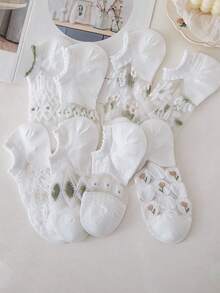 4/8/16双女士花朵图案透气休闲短袜
