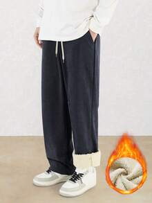 Men's Casual Corduroy Lined Straight Leg Pants, Thick And Warm For Men,Waist Casual Pants For Commuting, Office, Workwear In Winter; Relaxed Fit Comfortable Lounge Pants For Home,Winter Casual Sweatpants,Loose Simple Versatile Sweatpants For Autumn & Winter