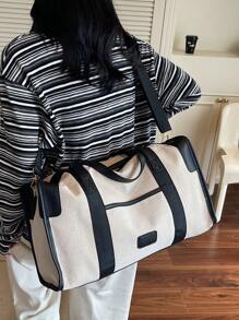 Simple Large Capacity Travel Luggage Bag, Fashionable Colorblock Handbag Boston Shoulder Bag, Versatile For Casual Use, Can Be Carried As Shoulder Or Crossbody Bag, Black & Brown With Beige Travel Bag For Suitcase Overnight Bag Gym Bag Duffle Bag Weekend Bag Duffel Bag Carry On Bag College Bag Luggage Bags Weekender Bag For Luggage Hospital Bag Holiday Winter Bag For School School Accessories School Stuff