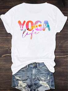 Deyin YOGA LIFE Printed T-Shirt Comfortable And Soft T-Shirt Round Neck Short Sleeve T-Shirt Loose And Comfortable T-Shirt Hot Print Funny Print-Graphic Tees-4th Of July-Funny Shirts-Graphic Shirts-Black Graphic Shirt-Summer 2025 Essential-Breathable Cotton Tee- 2025 - 白色 - 查看 1