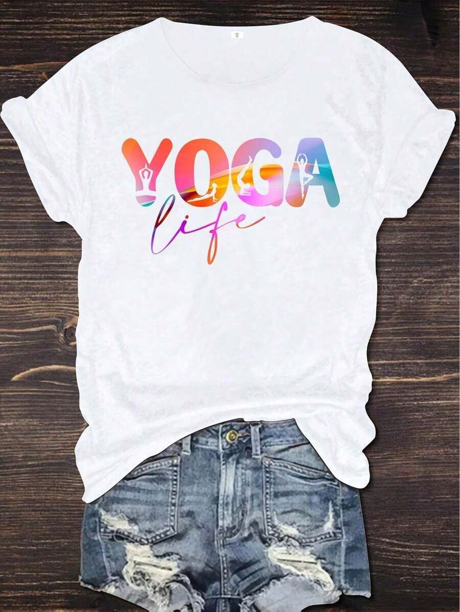 Deyin YOGA LIFE Printed T-Shirt Comfortable And Soft T-Shirt Round Neck Short Sleeve T-Shirt Loose And Comfortable T-Shirt Hot Print Funny Print-Graphic Tees-4th Of July-Funny Shirts-Graphic Shirts-Black Graphic Shirt-Summer 2025 Essential-Breathable Cotton Tee- 2025 - 白色 - 查看 1