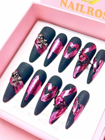 nailrosy 10pcs Handmade Press On Nail Extra Long False Nail BOX INCLUDED Fake Nails Tip Stickers Blush Nail Charms Short Nails Drill Toe Nails