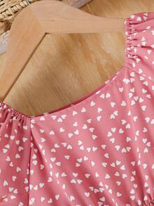 Young Girls' Valentine's Day Heart Print Square Neck Puff Sleeve Fishtail Dress - 粉色 - 查看 5