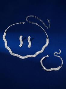 Ladies' Luxury Fashion Jewelry 4-Piece Set, Rhinestone Necklace+Earrings+Bracelet, Elegant And Generous, Is The Best Accessory For Wedding Banquets, Parties, And Events