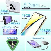 OUKITEL C65 Android 15 Smartphone Without Contract, 16GB+128GB/1TB Cell Phone Without Contract, 6.7" HD+ 90Hz Cell Phone Cheap, 50MP+8MP, 5150mAh Simlock Free Cell Phone, Dual SIM 3 Slot/Fingerprint/3.5mm Jack - 藍色 - 查看 7