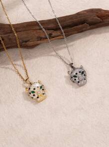 1 pièce Collier pendentif en acier inoxydable à tête de panthère avec strass, mode personnalisée. Convient pour le port quotidien des femmes et des couples. Peut être un cadeau pour l'anniversaire, les vacances, Halloween