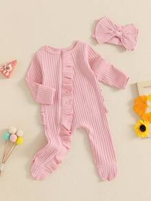 Newborn Girl Fall Outfit Solid Ribbed Ruffle Trim Long Sleeve Zipper Front Footed Bubble Jumpsuit Bow Headband 2 Piece Set - Pink - View 5