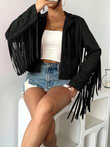 elfnokto Women Spring & Autumn Plain Color Fringed Long Sleeve Lapel Jacket - Black - View 3