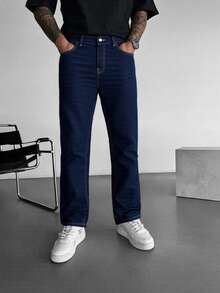 Quần denim xanh đậm thời trang nam giản dị đường phố rộng rãi cá tính cho thanh thiếu niên trường học thể thao thẳng phong cách đường phố đa năng - Rửa tối - Xem 2
