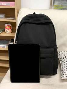1pc Unisex Plain Color Backpack, Fashionable Versatile Large Capacity Casual Daypack For Work, School, Commute School Bag - Black - View 2