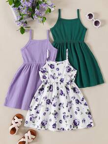 3pcs/Set Young Girls Fashionable Floral Print Solid Color Button Decor Slip Dress - Green - View 4
