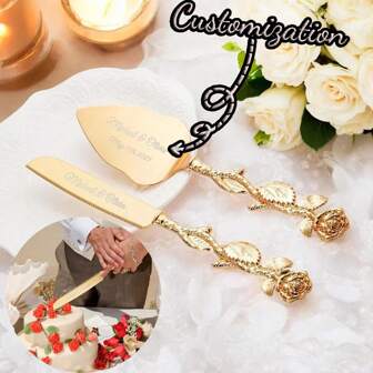 Ensemble personnalisé de coupe de gâteau de mariage GOLD ROSE GARDEN, gravé sur mesure, couteau et pelle de service minimaliste, vintage et rustique