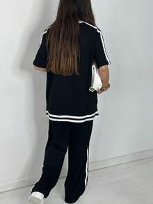 Plus Size Women Leisure T-Shirt + Side Stripe With Pockets Pants Suit