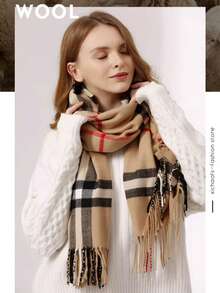 MilyModa Women's Imitation Cashmere Scarf, Thin Winter 150g With Fringes - Xadrez150g Marrom - 查看 2
