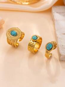 3pcs Vintage Boho Turquoise Ring Set, Fashion Personalized Rings For Women, Antique Bohemian Style Jewelry, Suitable For Daily And Party