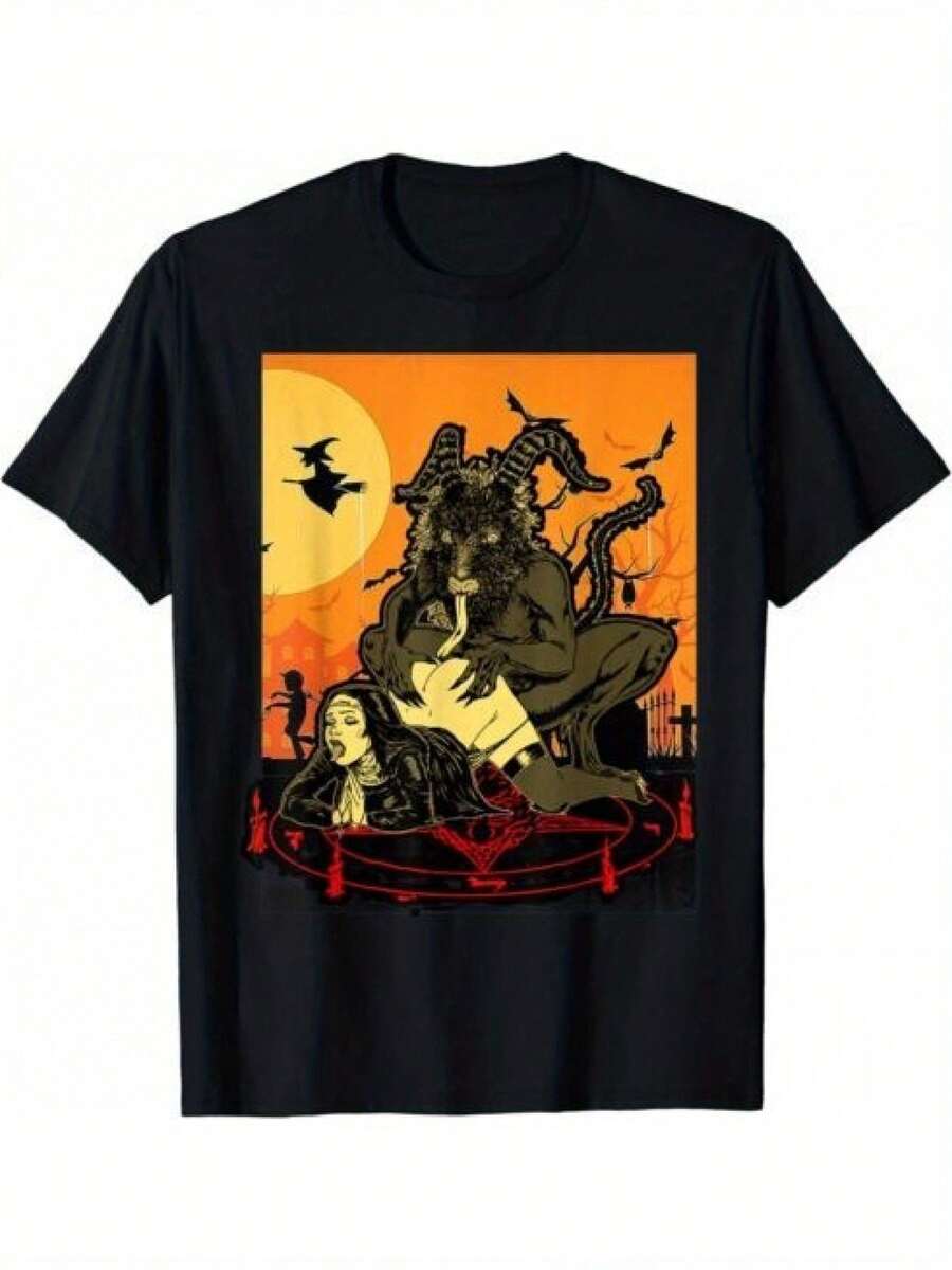 Plus Size Unholy Dirty Nun Satan Is My Daddy Retro T-Shirt Big Men Size L-3XL 4XL 5XL - 黑色 - 查看 1