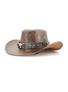1pc Unisex Solid Color PU Leather Cowboy Hat, Unique Shiny 3D Bull Head Design With Leather & Metal Rivet Wide Belt Decor, Wide Brim Sun Protection Hat, New Vintage Wide Brim Sun Hat, Adjustable Cord Cyberpunk Stylish Cool Novelty Punk Style Wide Brim Cap