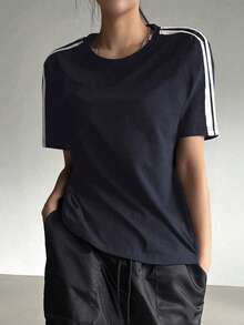 女童休闲时尚撞色条纹短袖T恤，1件装，春夏秋季款 - 藏蓝色 - 查看 5