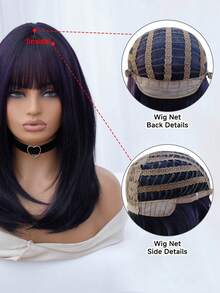 1 款合成耐热直发假发，紫色假发带刘海，20 英寸长，全机织日常自然逼真假发