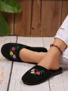 1 Pair Handmade Beaded Floral Retro Round Toe Slippers For Women, Comfortable & Versatile Indoor Slippers, Available In Black, Pink, And Multiple Colors, Plus Size - Black - View 7
