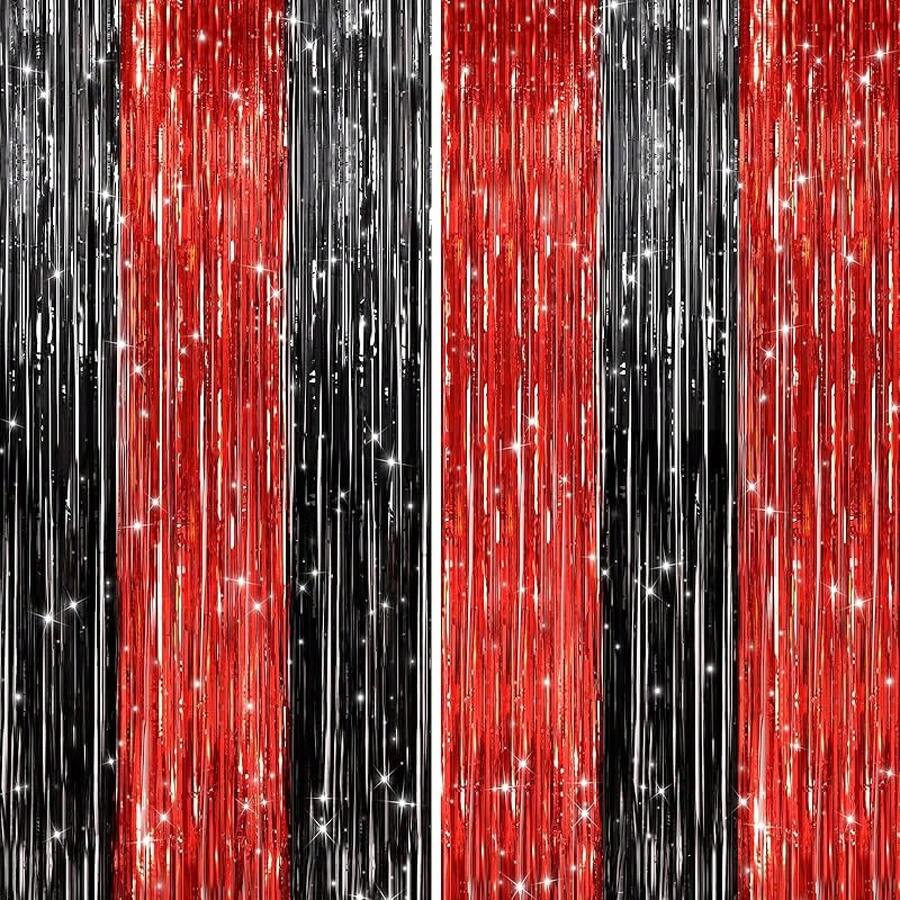 2Pack Silver Metallic Tinsel Foil Fringe Curtains, Door Streamer Photo Booth Backdrop Birthday Wedding, Graduation Engagement Bridal Shower Bachelorette Party Decorations Dancing Ball Party - 黑紅色 - 查看 1