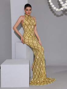 新款奢华女士亮片钻石拼接透视网纱长款连衣裙，高领无袖修身露背拖尾伴娘礼服，适合婚礼、派对、宴会等场合 - 黃色 - 查看 6