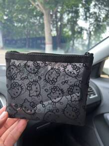 Sanrio 1pc Cute Kitty Velveted Mesh Cosmetic Bag, Portable Data Cable Organizer Pouch, Handheld Carry Bag For Outdoor