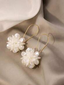 1pair Exaggerated Design Long Floral Ball Earrings With White Petals & Geometric Ear Studs, Ideal For Women's Daily Wear