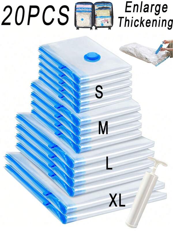 20pcs Vacuum Seal Bags With Manual Pump, Travel Vacuum Storage Bags, Transparent PVC Vacuum Sealing Bags In Multiple Sizes, Large Capacity Home Clothing Storage Bags, Cruise Essentials, Space Saving Storage Bags, Vacuum Storage Bags, Travel Essentials, With Manual Air Pump, Compression Bags For Clothes, Bedding, Pillows, Blankets, Autumn/Winter Home Clothing Storage Bags, Bedroom Decor, Autumn Decor