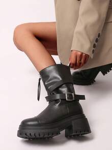 秋冬款黑色条纹扣前拉链厚底圆头优雅百搭通勤时尚女靴 - 黑色 - 查看 4