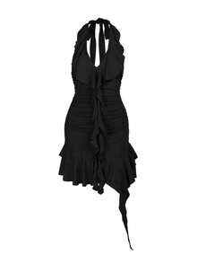 Vestido corto con cuello halter, espalda descubierta y volantes para mujer, para otoño de la marca WOWDARK - Negro - Ver 4