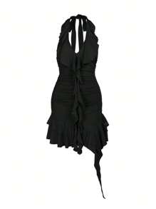 WOWDARK Women's Autumn Ruffled Halter Backless Mini Dress