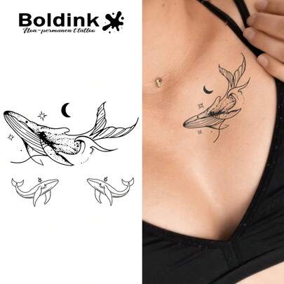  Boldink 鲸鱼跳跃临时纹身 - 包含鲸鱼、鲸鱼群和星空元素，专为胸部设计，持久 1-2 周