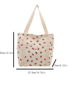 Bolso de hombro con estampado de fresa sencillo para mujeres, bolso de tela tipo tote de gran capacidad para viajes, vacaciones y uso al aire libre, bolso casual y versátil con múltiples bolsillos y asa superior de pana, bolso ligero y portátil para compras diarias y uso diario.