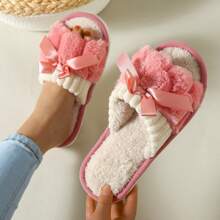 Women's Plush Bow Slippers - Suitable For All Seasons Indoor Household Shoes, Cute Home Slippers