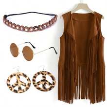 5pcs/Set Retro 60s Hippie Party Costume, Solid Color Fringe Vest, Glasses, Necklace, Earrings, Fun Cosplay Medieval Renaissance Masquerade Party Magic Outfit, Unisex Vintage Casual