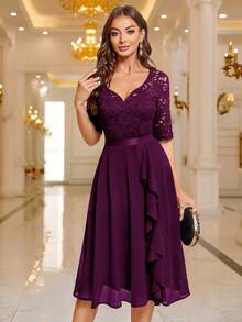 MIUSOL Sweetheart Neckline Floral Lace Ruffle Hem Cocktail Party Wedding Guest Dress - Maroon - View 4