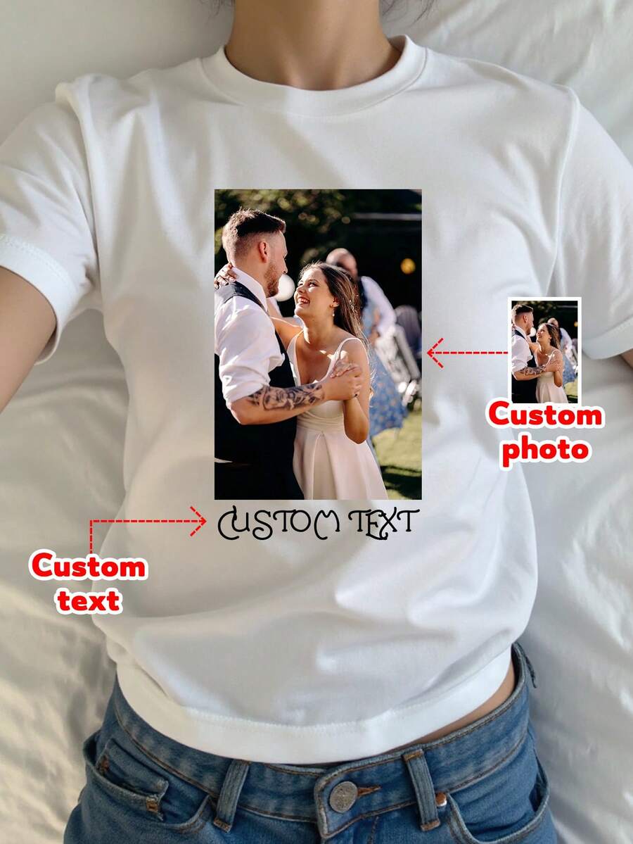 Customized Photo T-Shirt, Add Your Own Text And Images (Couple Photo/Girlfriend Photo/Family Photo/Selfie/Pet Photo/Friend Photo/Party Photo) To Design Your Personalized T-Shirt - White - View 1