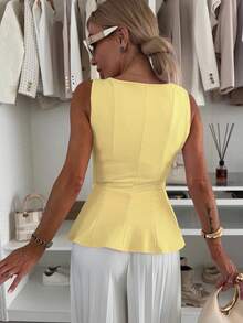 1 chiếc áo thun dệt kim viền bèo nhún màu trơn thường ngày, thích hợp cho mùa hè - Màu vàng - Xem 2