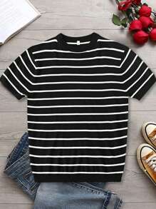 Men's Striped Knit Crew Neck Short Sleeve T-Shirt, Casual & Business Fitted Style, Breathable For Summer
