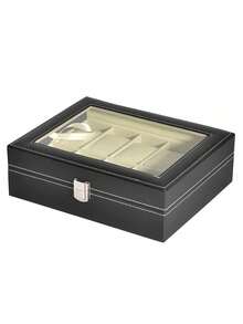 Organizador de relojes diez compartimentos tapa transparente visión amplia exhibidor de relojes premium almacenamiento elegante protección reloj fácil acceso diseño moderno - Negro - Ver 2