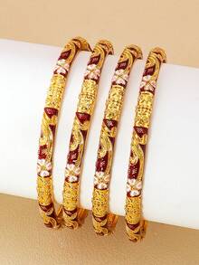 4 piezas Brazalete vintage de oro con cierre, pulsera con textura y gotas esmaltadas de colores en , el regalo perfecto para damas en días festivos y de diario - flor - Ver 15