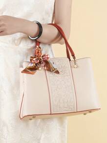 Conjunto Elegante de 3 Peças de Bolsas de Moda Feminina com Bordado - Estampa Geométrica Elegante, Bolsa de Couro Sintético e Carteira Tipo Clutch com Lenço