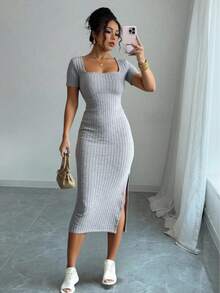 Solid Color Ribbed Knit Dress With Slits - 灰色 - 查看 2