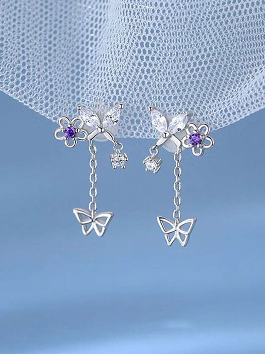 1 Pair Luxurious Tassel Butterfly Stud Earrings, Elegant Bride Wedding Earrings