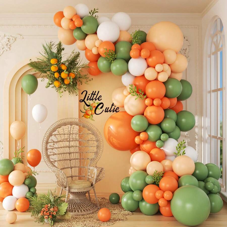 113pcs Little Cutie Orange & White Balloon Arch Set, With Sage Green, Orange, Nude & White Balloons, Suitable For Birthday Party, Baby Shower, Boy/Girl, Kids, Infants, Gender Reveal, Wedding, Room & Party Decorations